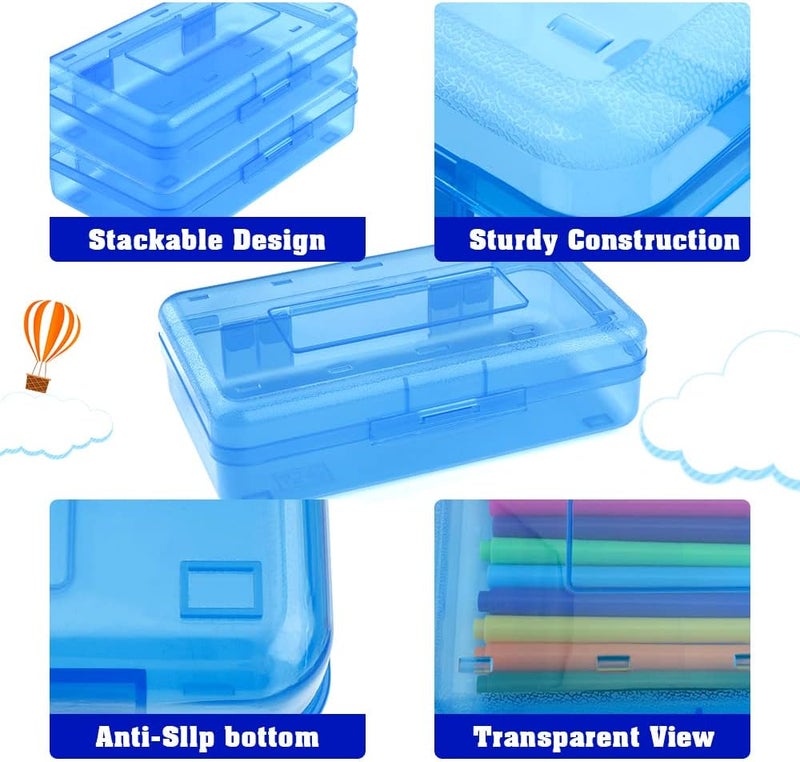 BOEIAC Pencil Box, Large Capacity Clear Pencil Case, 1 Pack Hard Pencil Case, Clear Crayon Box with Snap-tight Lid Stackable Design, Plastic Storage Box for Office Supplies, Blue - Image 4